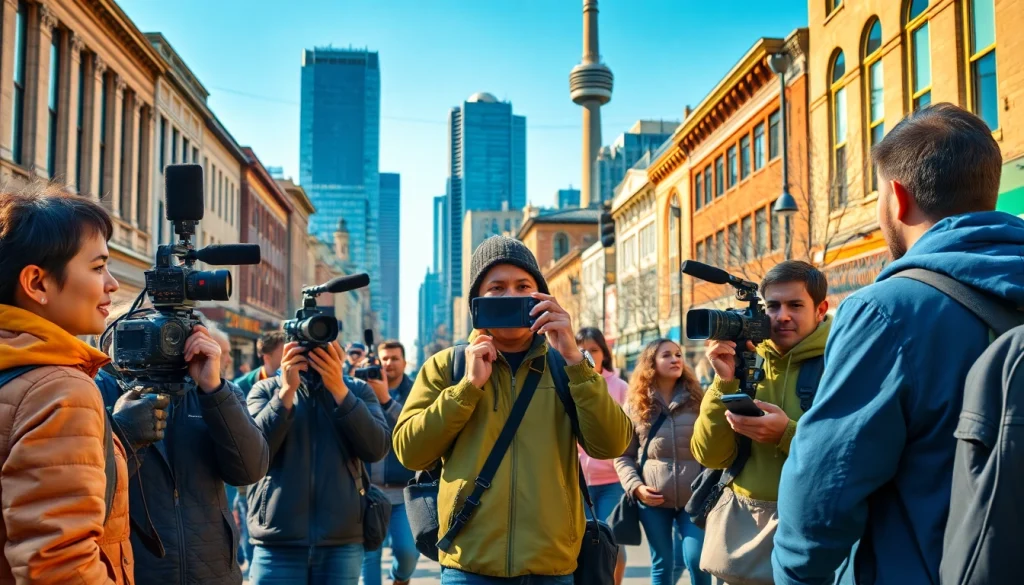 Documentary filmmakers capturing Stories Documentaries Toronto in a vibrant street scene
