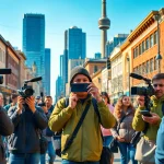 Documentary filmmakers capturing Stories Documentaries Toronto in a vibrant street scene