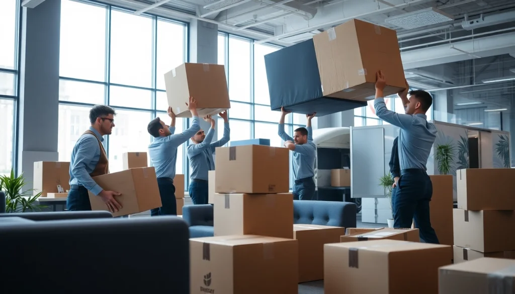 Team engaged in Commercial Moving Services, efficiently organizing office equipment in a bustling workspace.