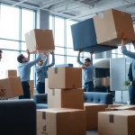 Team engaged in Commercial Moving Services, efficiently organizing office equipment in a bustling workspace.