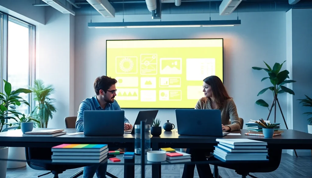 Creating modern web design in Edmonton by a professional design team collaborating at their workspace.