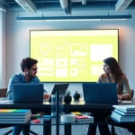 Creating modern web design in Edmonton by a professional design team collaborating at their workspace.