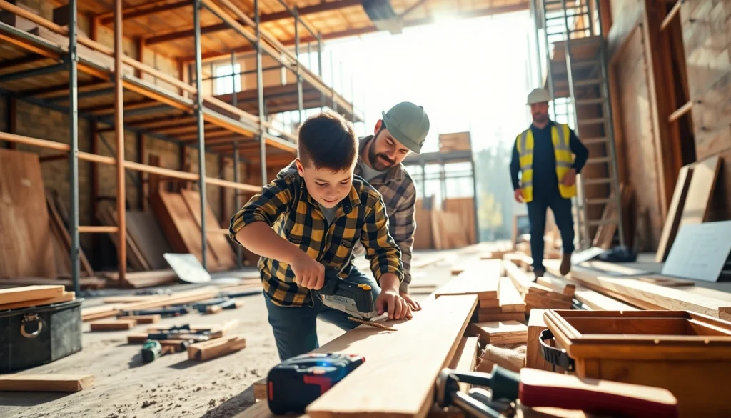 Apprentice honing skills in carpentry apprenticeship near me at a busy construction site.