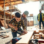 Apprentice honing skills in carpentry apprenticeship near me at a busy construction site.