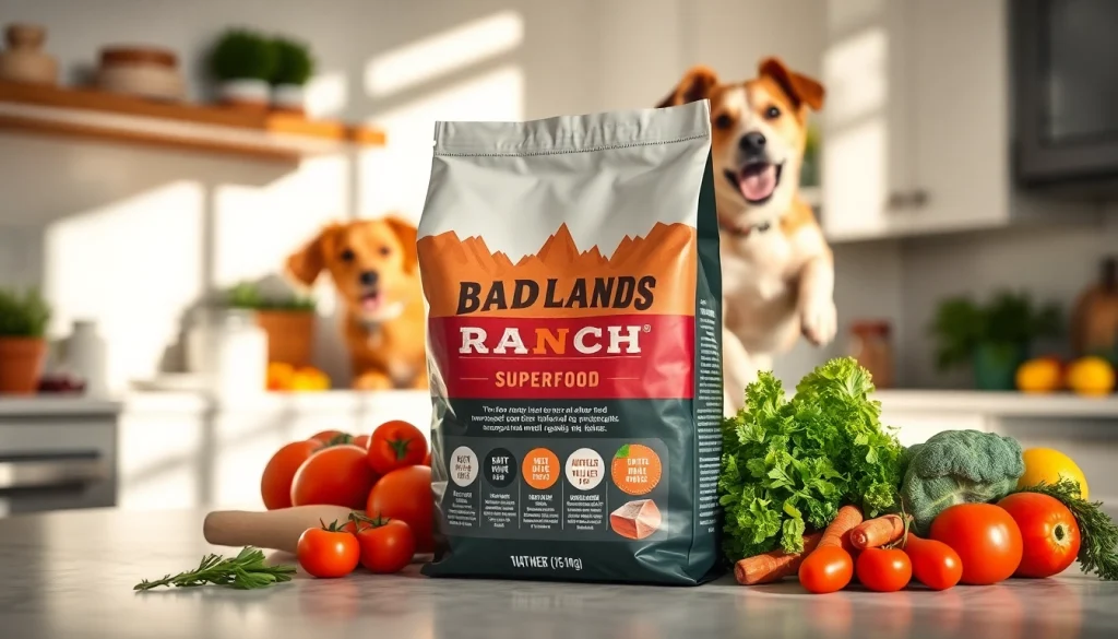 Showcase badlands ranch superfood complete dog food bag with fresh ingredients in a vibrant kitchen.