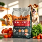 Showcase badlands ranch superfood complete dog food bag with fresh ingredients in a vibrant kitchen.