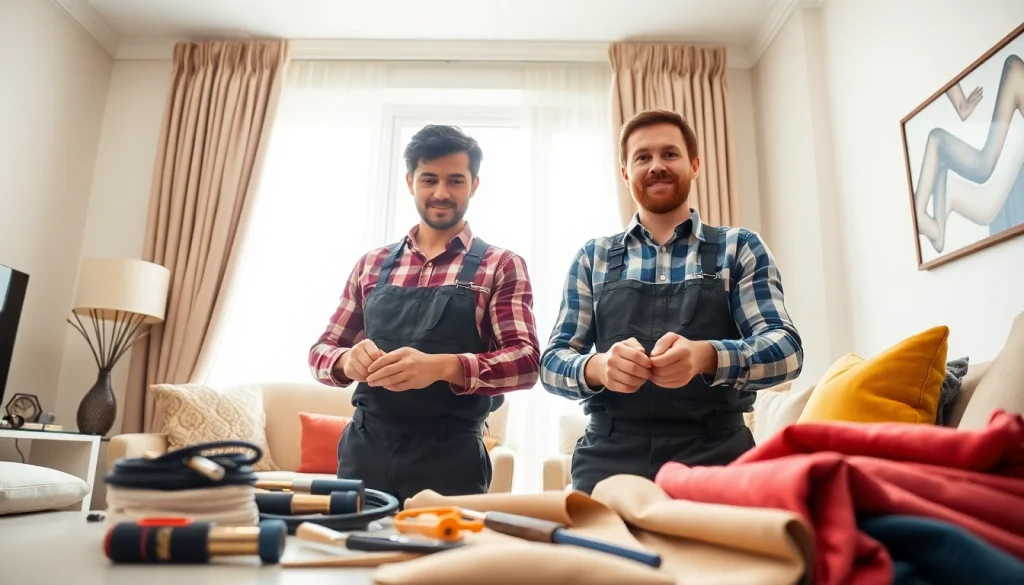 Skilled curtain fitters installing elegant curtains in a well-lit living room.