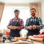 Skilled curtain fitters installing elegant curtains in a well-lit living room.
