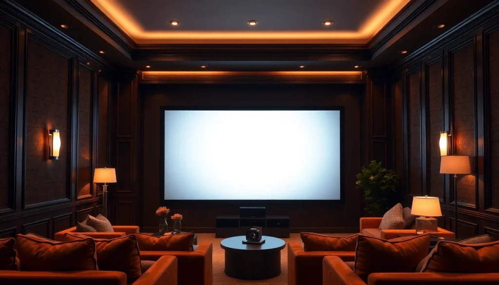 View the Best Fixed Frame Projector Screen in a stylish home theater with cozy ambiance and elegant decor.