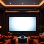 View the Best Fixed Frame Projector Screen in a stylish home theater with cozy ambiance and elegant decor.