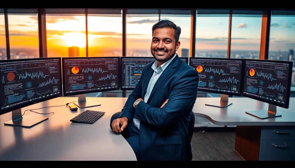 Aravind Srinivas confidently sitting at his desk in a modern office, surrounded by tech, showcasing his leadership.