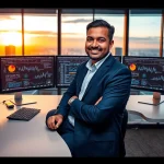 Aravind Srinivas confidently sitting at his desk in a modern office, surrounded by tech, showcasing his leadership.