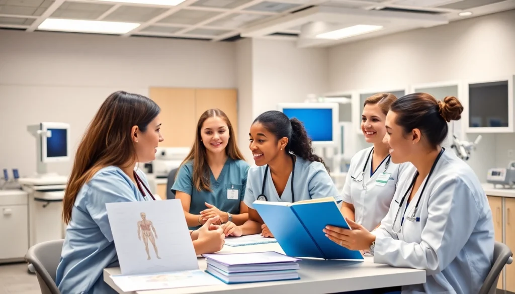 CEU de enfermería: Estudiantes colaborando en un aula moderna con equipos médicos avanzados.