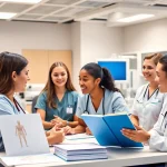 CEU de enfermería: Estudiantes colaborando en un aula moderna con equipos médicos avanzados.