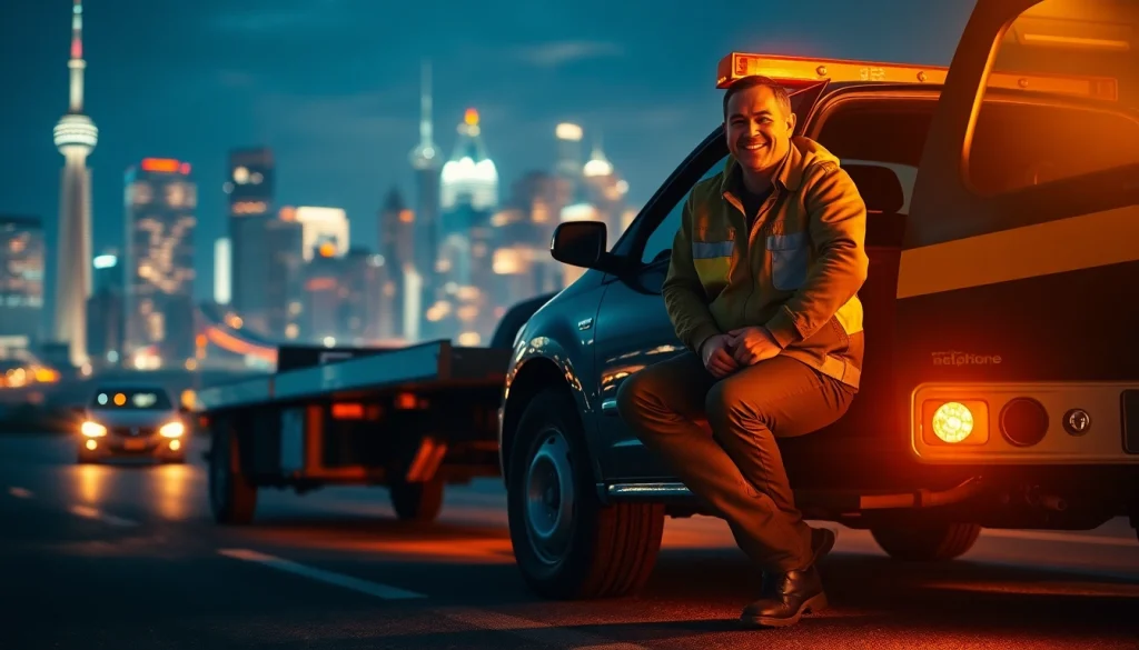 Providing Roadside Assistance in Toronto with a friendly technician helping a motorist at night.