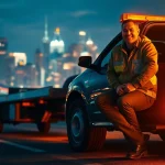 Providing Roadside Assistance in Toronto with a friendly technician helping a motorist at night.