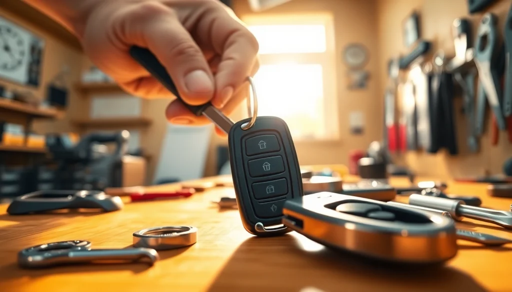 Replace car keys with a skilled locksmith working in a well-lit workshop, showcasing tools and techniques.