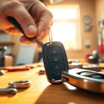 Replace car keys with a skilled locksmith working in a well-lit workshop, showcasing tools and techniques.