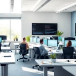 Werkplekbeheer in georganiseerd kantoor met moderne apparatuur en collaboratieve sfeer.