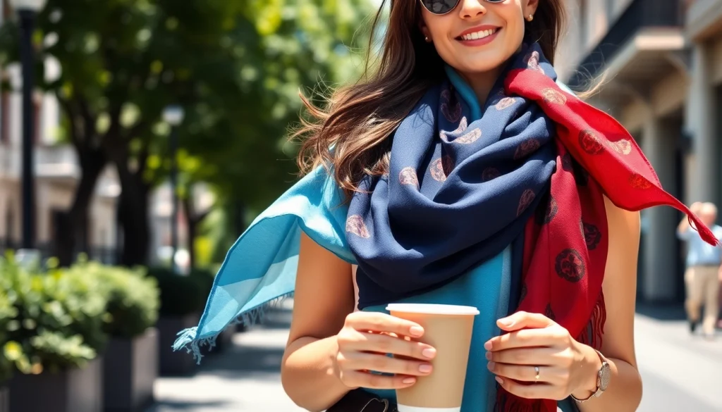 Stylish woman showcasing fashionable scarves for women in a trendy urban environment.