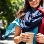 Stylish woman showcasing fashionable scarves for women in a trendy urban environment.