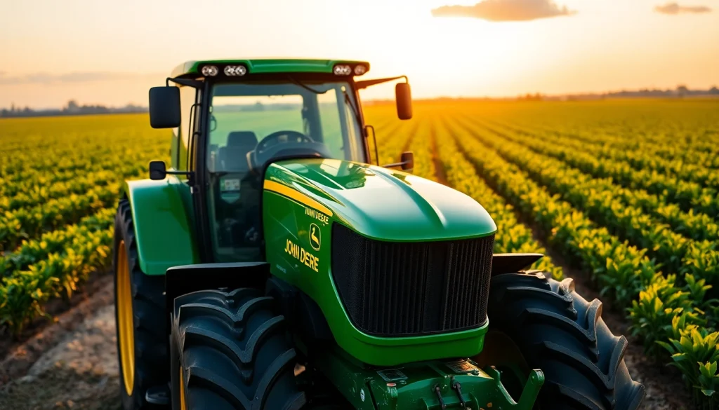 John Deere Traktor arbeitet in einem saftigen Feld unter goldenem Licht.