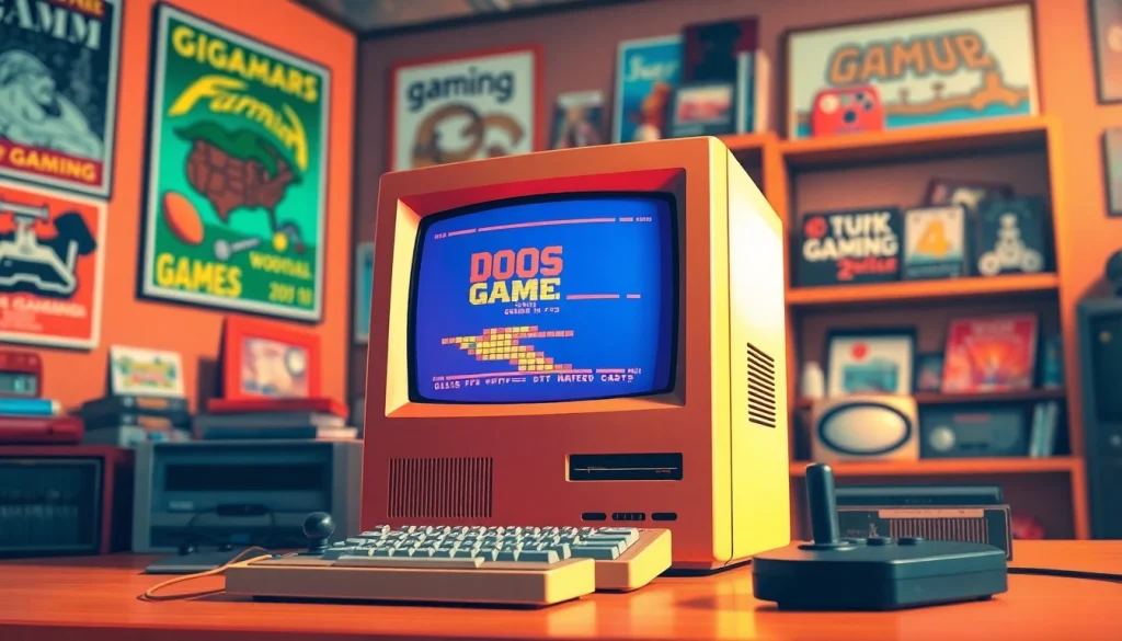 Enjoy playing dos games online with a retro computer setup featuring colorful game displays.