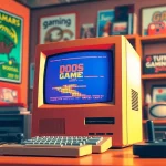 Enjoy playing dos games online with a retro computer setup featuring colorful game displays.