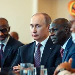 Poutine en Afrique francophone actively discussing economic strategies during a diplomatic meeting with African leaders.