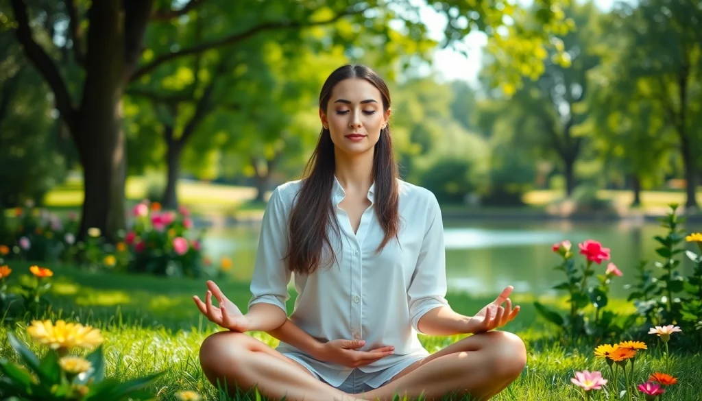 Woman practicing meditation to manage dealing with stress in a tranquil park setting.