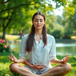 Woman practicing meditation to manage dealing with stress in a tranquil park setting.