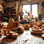 Showcase of exquisite olive wood carvings crafted by artisans, highlighting intricate details and craftsmanship.