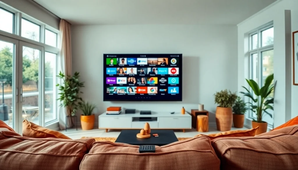 Comprar IPTV en una sala moderna con una gran pantalla de televisión y ambiente acogedor.