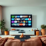 Comprar IPTV en una sala moderna con una gran pantalla de televisión y ambiente acogedor.