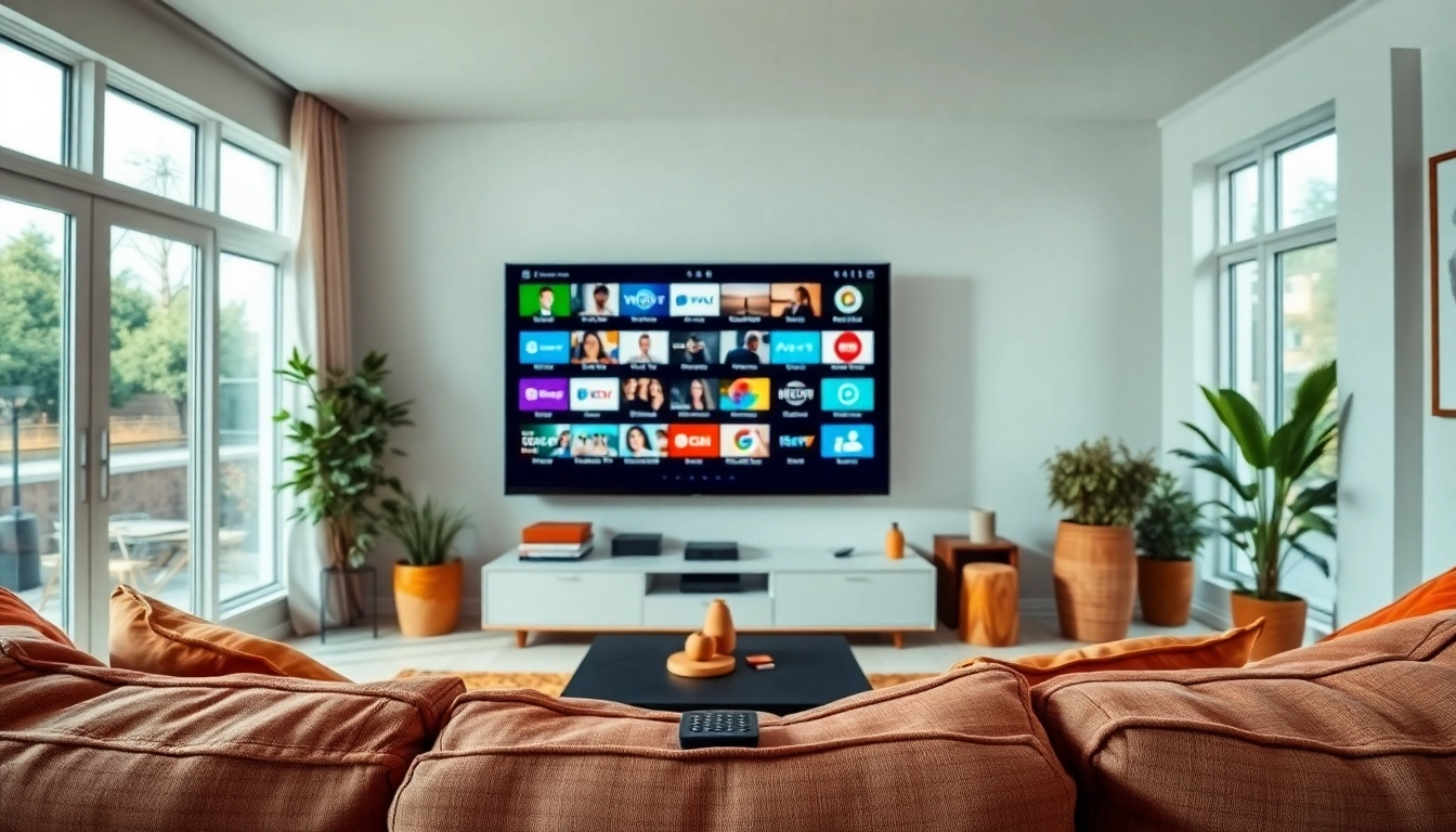 Comprar IPTV en una sala moderna con una gran pantalla de televisión y ambiente acogedor.