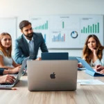 Analyze competitive intelligence data during a collaborative business meeting at a modern office.
