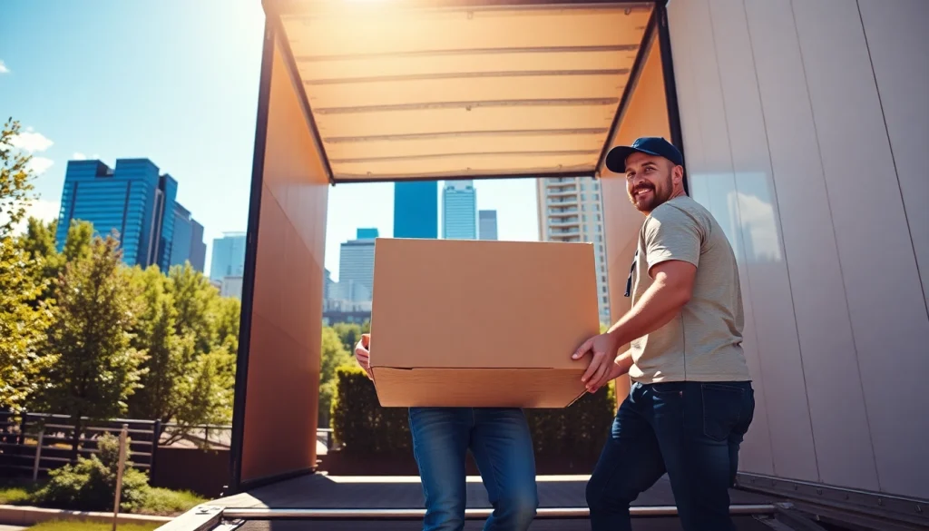 Movers Calgary team efficiently lifting boxes during a move in a vibrant urban Calgary setting.