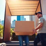 Movers Calgary team efficiently lifting boxes during a move in a vibrant urban Calgary setting.
