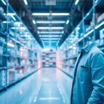 Productos del mayorista de comunicaciones organizados en estanterías, mostrando tecnología avanzada.
