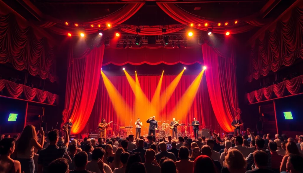Audience captivated by a live performance at the firelight theater, with dramatic lighting and vibrant stage presence.