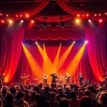 Audience captivated by a live performance at the firelight theater, with dramatic lighting and vibrant stage presence.