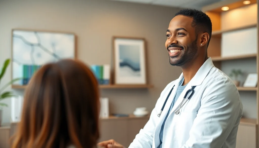 Dr. Parker consulting with a patient in a modern medical office, emphasizing professionalism.