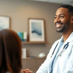 Dr. Parker consulting with a patient in a modern medical office, emphasizing professionalism.