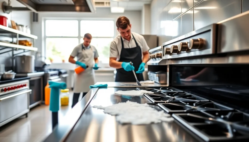 Executing meticulous Restaurant Cooking Appliance Cleaning in a sparkling kitchen with focused professionals.