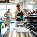 Executing meticulous Restaurant Cooking Appliance Cleaning in a sparkling kitchen with focused professionals.