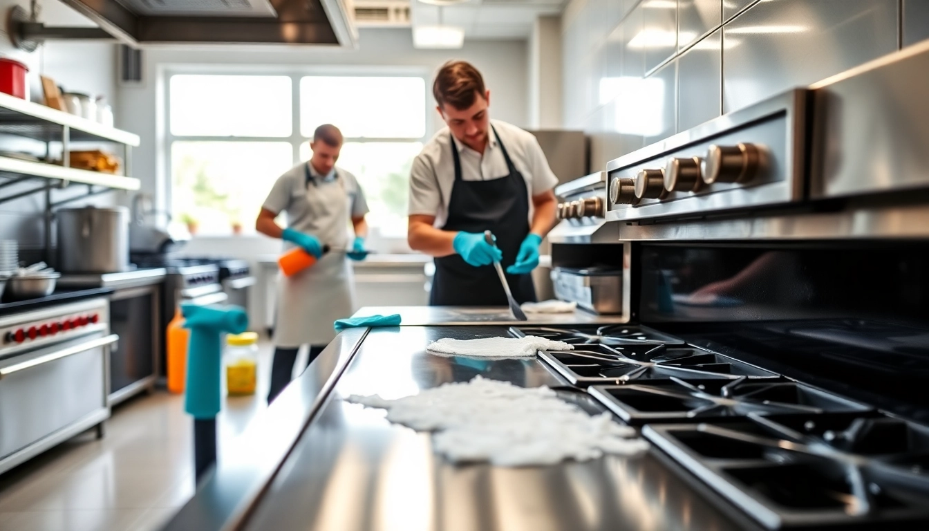 Executing meticulous Restaurant Cooking Appliance Cleaning in a sparkling kitchen with focused professionals.