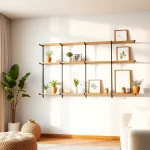 Stylish Minimalist wall rack showcasing decor items and plants in a modern living room.