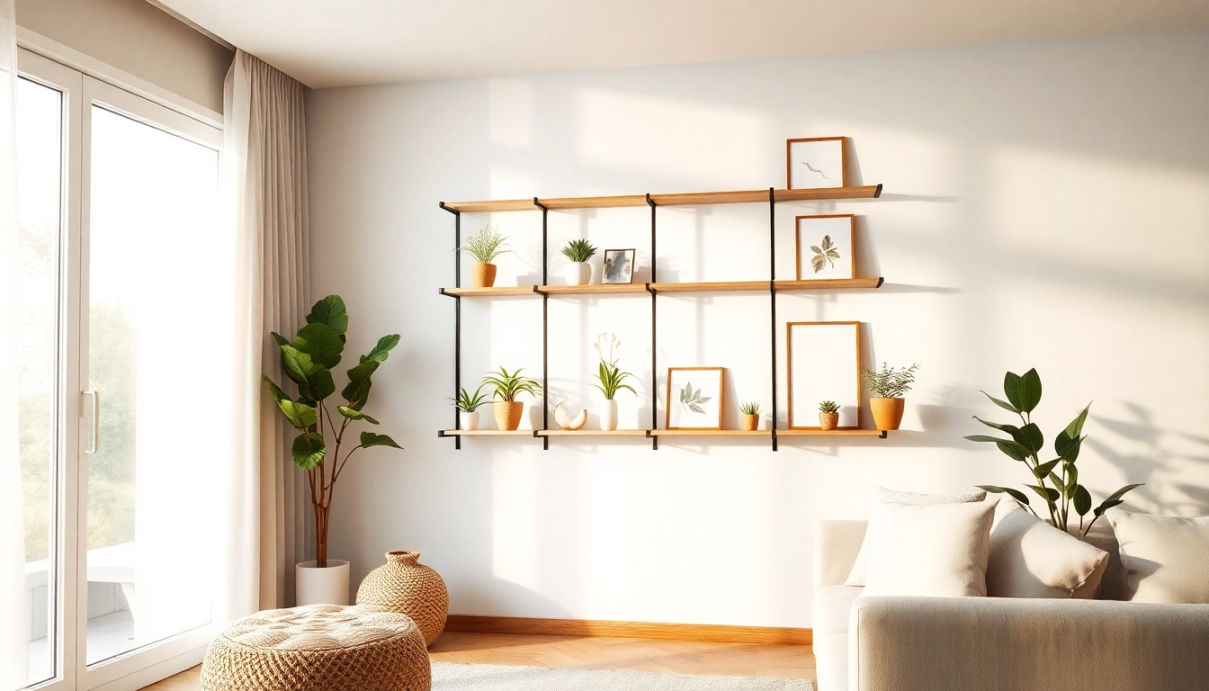 Stylish Minimalist wall rack showcasing decor items and plants in a modern living room.