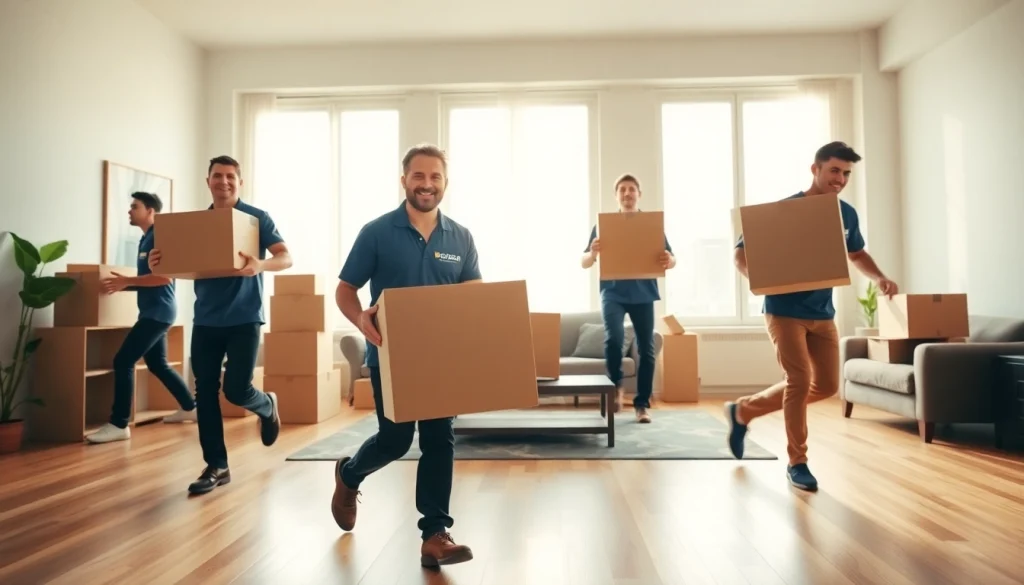 Bronx movers efficiently handling boxes during a relocation in a bright apartment.
