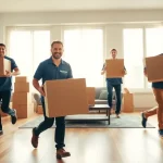 Bronx movers efficiently handling boxes during a relocation in a bright apartment.